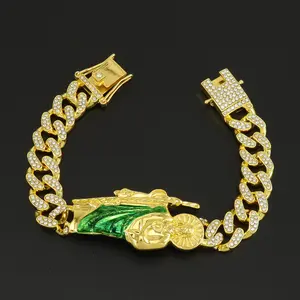 Men's Saint Jude Religious Bracelet with Inlaid Golden Green Alloy Saint Jude Pendant Interlocking Chain Link Design Splicing for Casual Attire or Gif