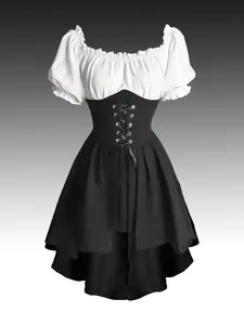 Vintage Style Patchwork Bodycon Short Sleeve Dress, Summer Women's Retro Dress, Lace Collar, Tiered Hem, Wide Waist, Back Tie, Vacation, Elegant Formal Party Dress