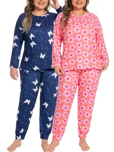 Plus Size Round Neck Long Sleeve Pajama 2-Piece Set, Milk Silk Butterfly & Flower Print Jogger Loungewear, Casual Sleepwear for Women, Perfect for Pajama Party