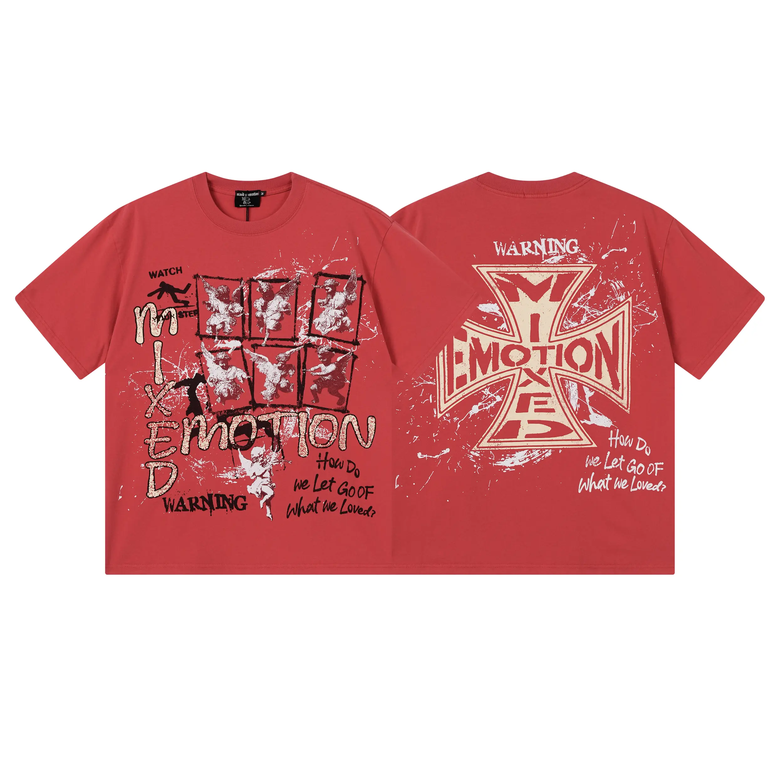 MIXED EMOTION 100% Cotton Certified Iron Cross Graphic Tee Washed Red Y2K Streetwear Standard Fit T-Shirt