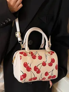 Sweet Cute Fruit Pattern Pillow Bag Boston Bag, Small Handbag for Shopping Dating, Commuter Bag for Phone Wallet Makeup, Women's Fashion Shoulder Crossbody Bag