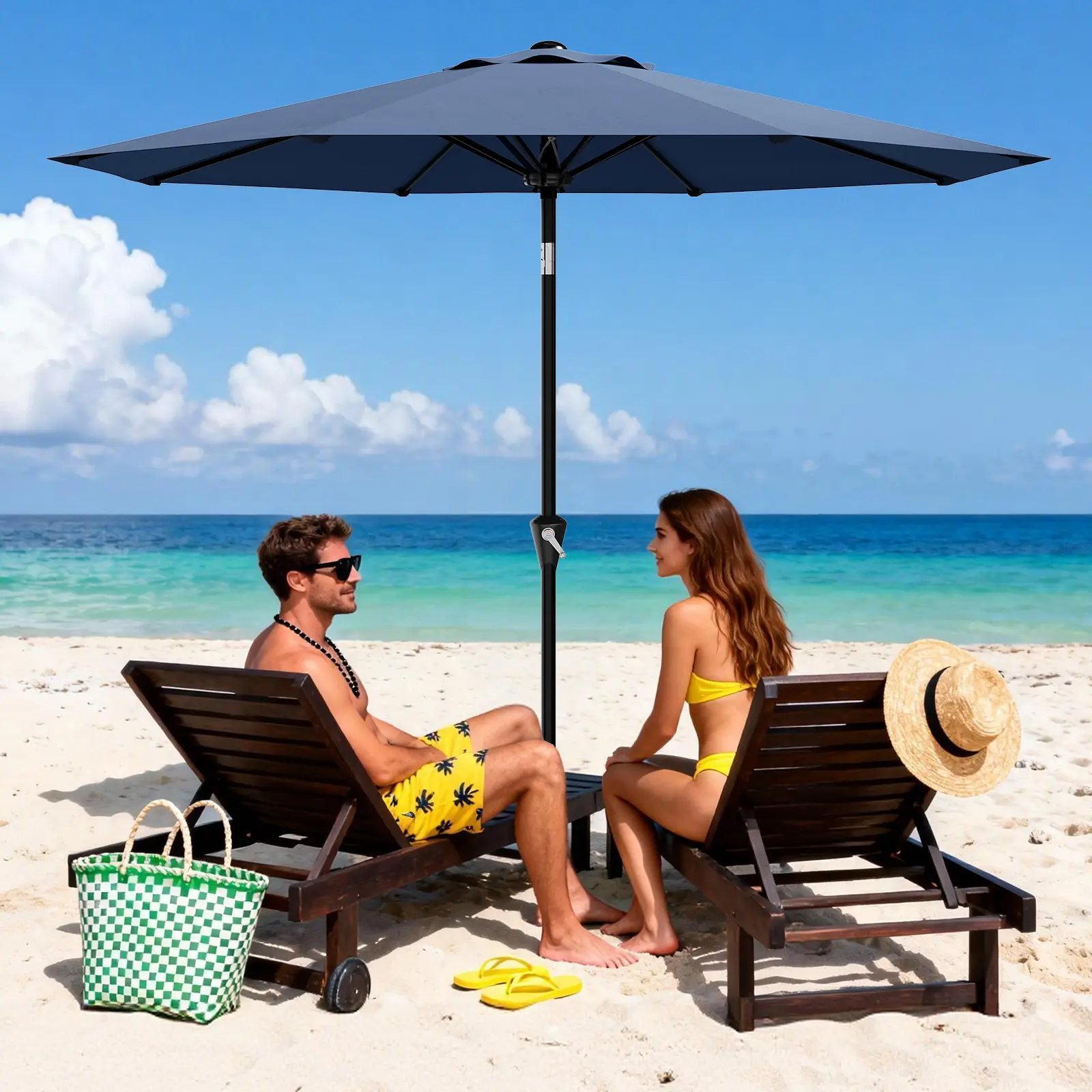 9FT Stable Iron Retractable Patio Umbrella - 8-Rib Double-Vented Waterproof Polyester Canopy, UPF 50+ Sun Protection, Crank Lift & Push Button Tilt, Color Stays Bright, Easy-to-Clean, for Outdoor Garden Pool Use, Umbrella Cover Parasols, Canopies & Shade,