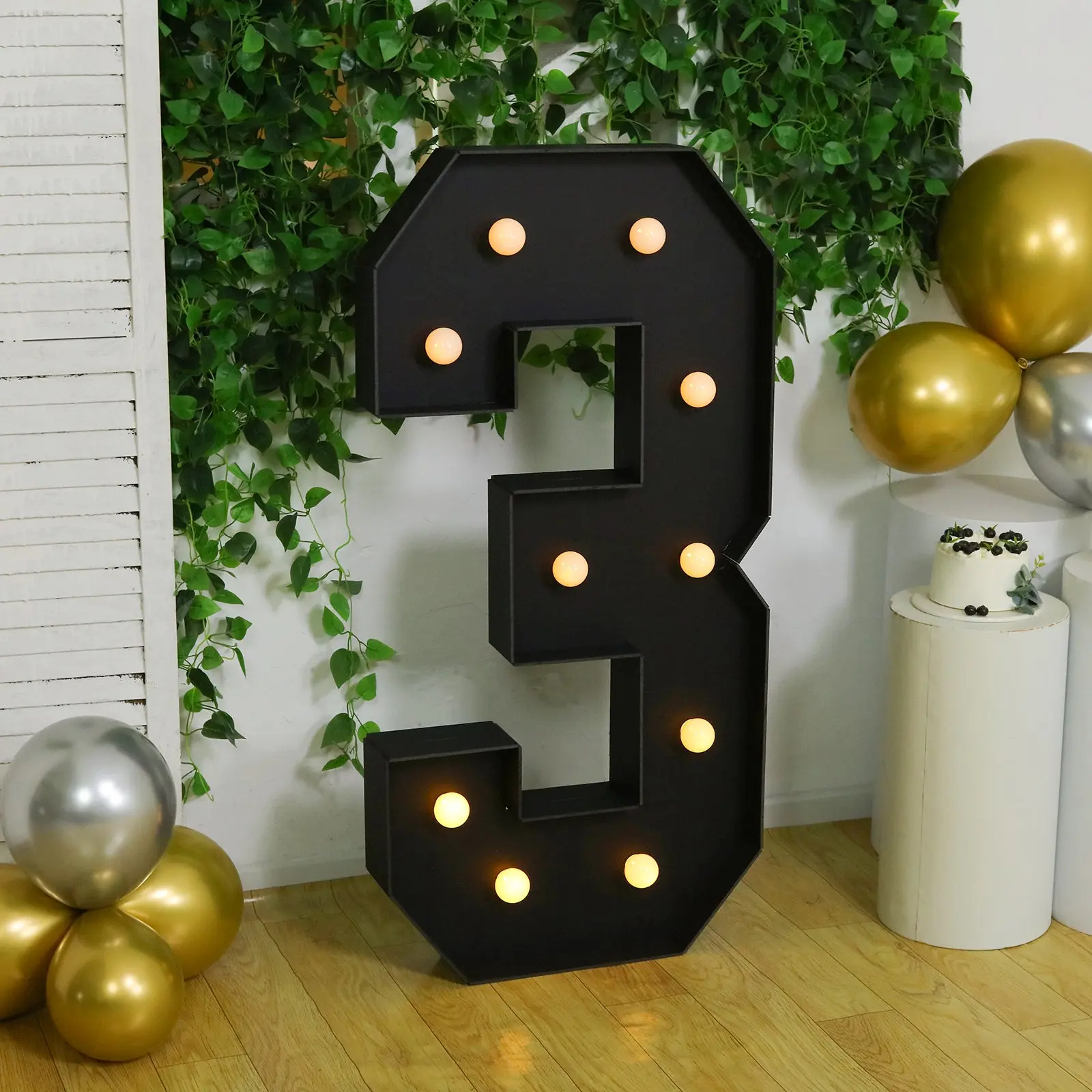 4ft Giant LED Marquee Light Up Number "3" Party Decorations - Black Pre-Cut Foam Board Shape, 10 Warm White Battery-Operated LEDs, Glue Gun, Glue Sticks for Birthday Party Decor, Indoor, Outdoors, Anniversary
