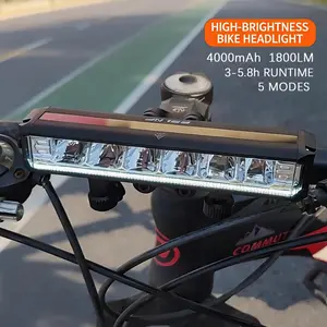 High Bright Aluminum Alloy Ebike Headlight, 6 Inch Light Bar, USB Rechargeable, 1800LM, Night Riding Light for Electric Bicycles & Bikes