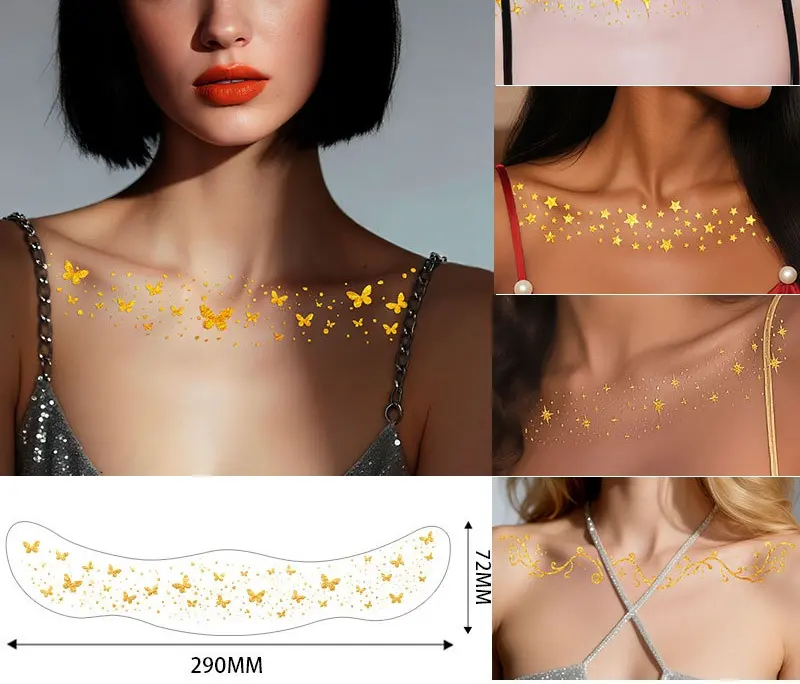 Women's Fashion 3PCS Gold Metallic Collarbone Temporary Tattoo Stickers, Waterproof Shiny Flash Body Decals, Ins Aesthetic Butterfly Star Floral Chest Stickers, Long-Lasting Glitter Accessory for Halloween Party Outfit