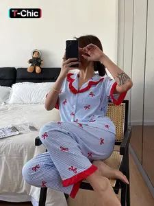 Women's Bow & Striped Print Sleepwear Set, Ruffle Short Sleeve Shirt & Long Pants Pajamas, Casual Home Wear, Loungewear