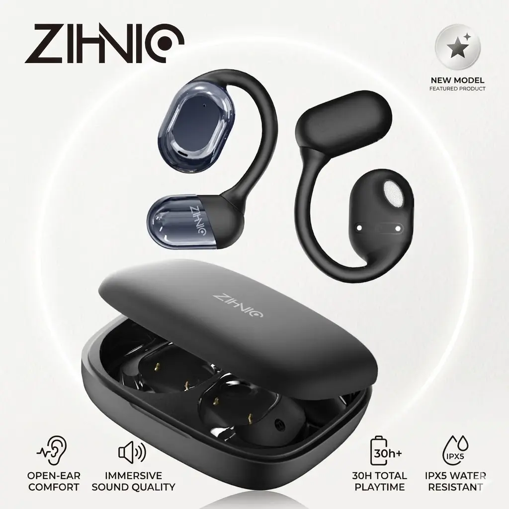 ZIHNIC Open Ear Wireless Waterproof Earbuds - OWS Bluetooth Earbuds with HIFI Audio, Noise Cancellation, Sweatproof Design, In-Ear Comfort for Sports, All-Day Wear