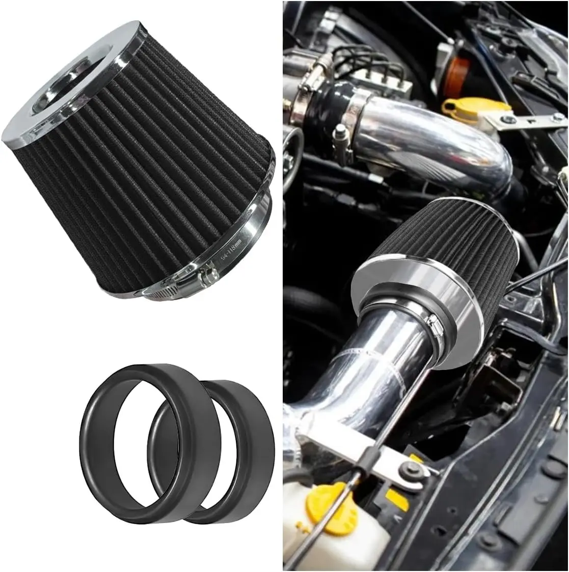 Universal Clamp-On Air Intake Filter, High Flow Closed-Top Cool Air Filter Cleaner, 76 89 102MM Performance Round Tapered Cone Air Filters