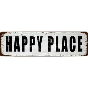 Funny Retro Tin Sign - Happy Place - for Office,Garage,Garden and Man Cave,Coffee Station Decor,4x16 Inch