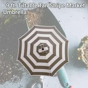 212 MAIN 9 ft. Tiltable Tan Stripe Market Umbrella (Model 8014984) - Olefin Fabric, Adjustable Tilt Canopy, Collapsible Outdoor Sunshade Parasol