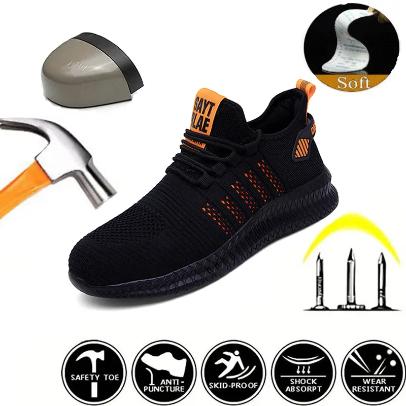 Unisex Steel Toe Crush Guard Work Shoes - Lightweight Mesh Safety Sneakers with Rubber Puncture Resistant Sole, Cushioned Breathable Safety Style Footwear, Anti-Smash, Acid-Alkali Resistant, Check Size Details