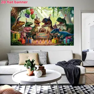 Dinosaur birthday party background banner with cartoon dinosaurs, balloons, and gifts, decorated with polyester material background cloth, suitable for photo booths, parties, birthdays, celebrations, and indoor and outdoor home birthday party decoration