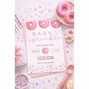 Baby Sprinkle Donut Baby Shower Invitation Pink Frosted Donuts Colorful Sprinkles Professional Print 5x7 Cardstock Envelopes Included