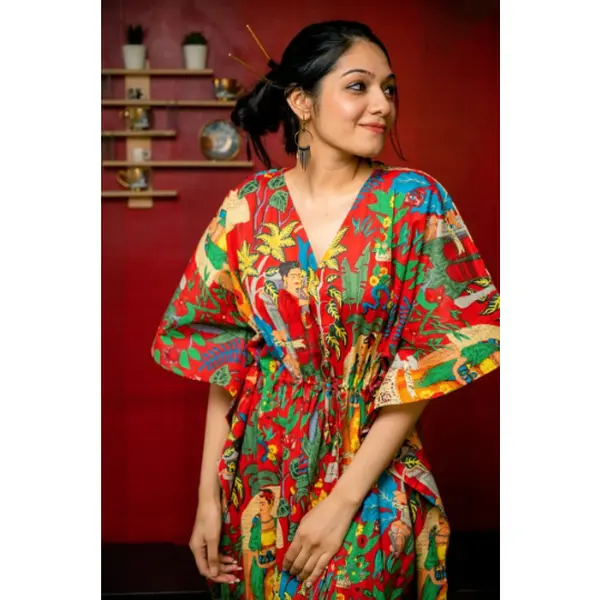 Frida Kahlo Cotton Kaftan in Red