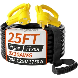 25 FT 30 Amp RV Extension Cord Outdoor with Grip Handle, Flexible Heavy Duty 10/3 Gauge STW RV Power Cord  with  Organizer, NEMA TT-30P to TT-30R, Black-Yellow, ETL Listed