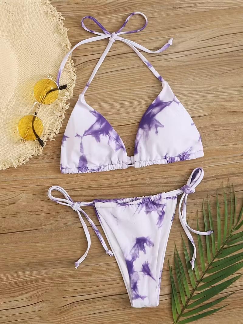 New Tie-Dye Two-Piece Bikini Set with Sexy Straps and Bow Detail, V-Neck Party Swimsuit for Women