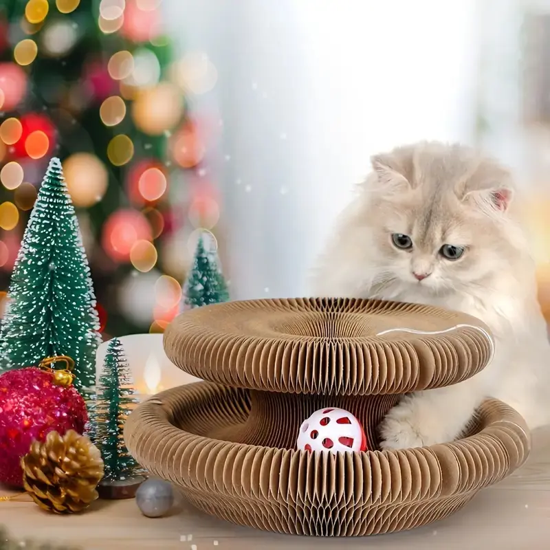 Cardboard Cat Scratcher Pad - Foldable Geometric Accordion Design with Ball, Deformable Interactive Calming Toy, Home Decoration Cat Bed for Kittens, Pet Supply