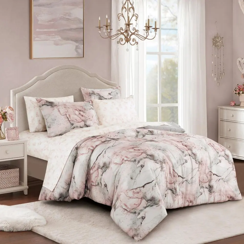HIG 7-Piece Embroidered Comforter Set - Contemporary Color-Block Patchwork Bed in a Bag with 90"x90" Queen Comforter & 104"x90" King Options