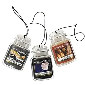 Yankee Candle Car Jar Ultimate 3-Pack, Leather, MidSummer's Night, New Car Scent, Hanging Auto Air Freshener, Odor Neutralizing, Up to 30 Days Freshness