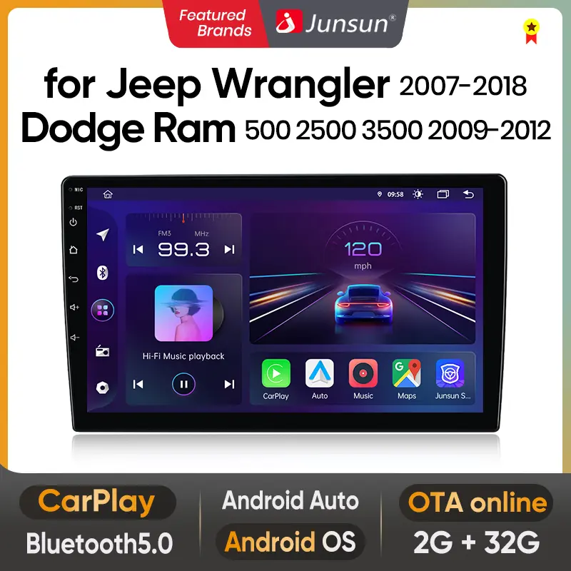 Junsun 10-in HD LCD Android 13 Car Radio Head Unit for Jeep Wrangler JK 2007-2018, Dodge Ram 1500 2500 2009-2012, with 2G Wi-Fi Enabled, Wireless CarPlay, Android Auto, GPS Navigation, In-Car Audio Multimedia Touchscreen Player