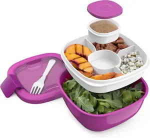 All-in-One Salad Container - Large Salad Bowl, Bento Box Tray, Leak-Proof Sauce Container, Airtight Lid, & Fork for   Lunches;  & Dishwasher/Microwave Safe (Purple)