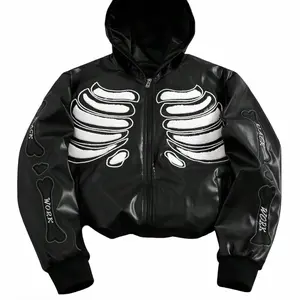 Men's Long Sleeve Gothic Skull Embroidery PU Zip Hoodie - Menswear Sweatshirts, Y2K Street Style, Emo Fashion, Casual Wear, Gift Option