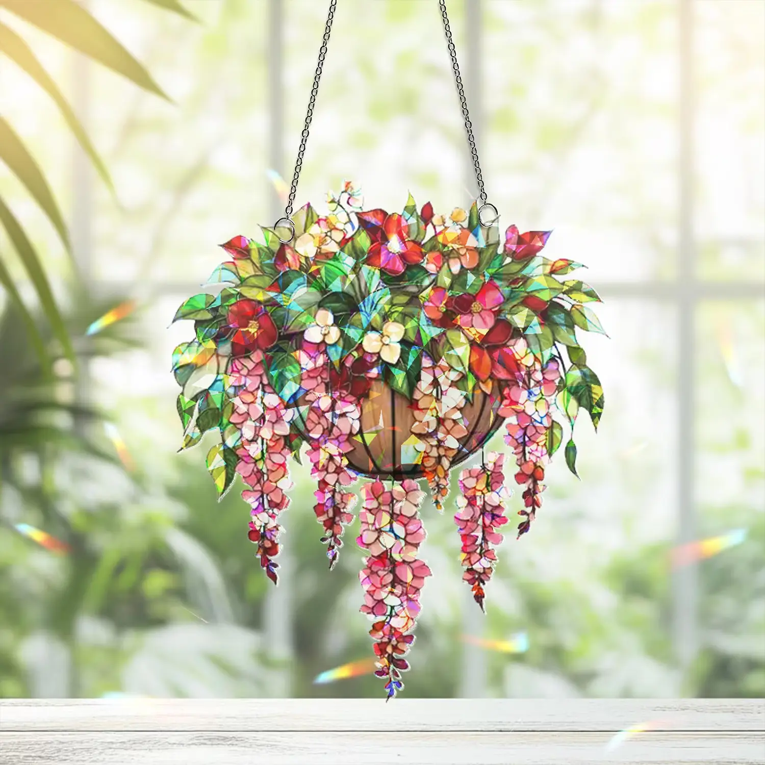 Hanging Basket Floral Suncatcher Acrylic, Blooming Flower Wall Art, Indoor Decor, Memory Sympathy Gift, Botanical Suncatcher Decor, Mother’s Day Gift Window Art