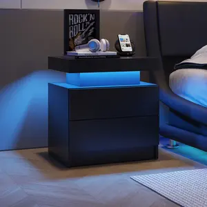 LED Nightstand w/ 16-Color Lights - Modern Bedside Table with 2 Drawers for Bedroom (Adjustable RGB)