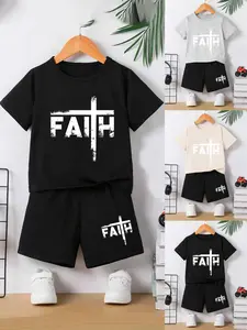 Boys Faith Cross Letter Print Short Sleeve T-Shirt Shorts Set, Summer Casual Sport Two-Piece, Breathable Round Neck Top Loose Fit
