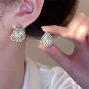 Light luxury full-diamond water drop hoop earrings for women,  DDES0257 new model with a high-end feel, niche commuter style, elegant ear accessories, 14K gold-plated