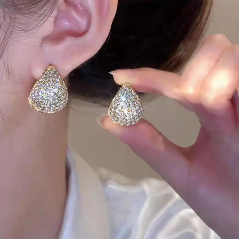 Light luxury full-diamond water drop hoop earrings for women,  DDES0257 new model with a high-end feel, niche commuter style, elegant ear accessories, 14K gold-plated