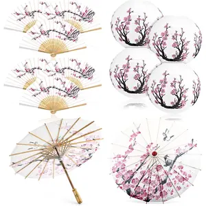 12 count Cherry  Blossom Decor Set Chinese  Year Decorations 4 Blossom  Paper Lanterns 2 Umbrella and 6 Handheld Silk Folding Fans for Wedding Party Favor, Dancing,