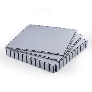Interlocking Garage Floor Tiles, 16 Pack Set, Each Tile 20.2 X 20.2 X 0.2 Inches, Diamond Plate Texture, Slip-Resistant PVC Mats for Workshop, Garage, Warehouse, Tool Room, Light Gray