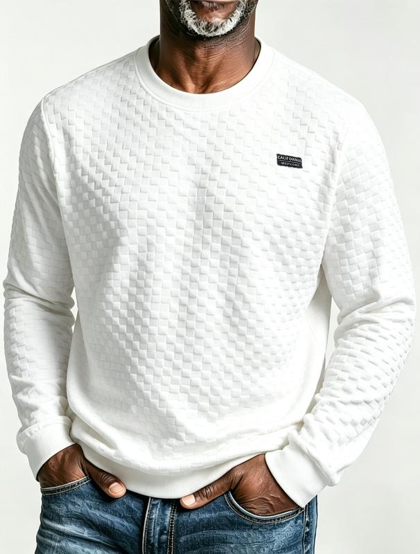 round neck long sleeve top Men Grid Textured Round Neck Long Sleeve Top, Label Decor Casual Fashion Menswear