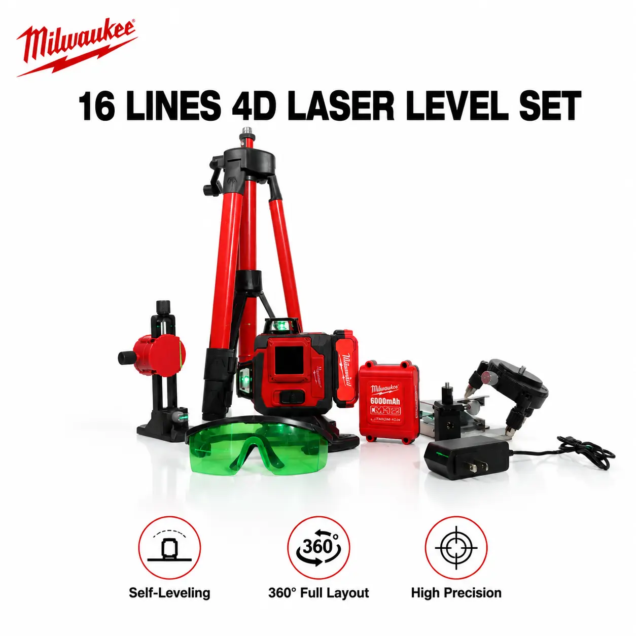 Milwaukee 4D 16-Line Self-Leveling Green Beam Laser Measuring Tool, Automatic Laser Electronic Levels with Accurate Measurements, High Precision for Construction & Tile Installation Versatile Use