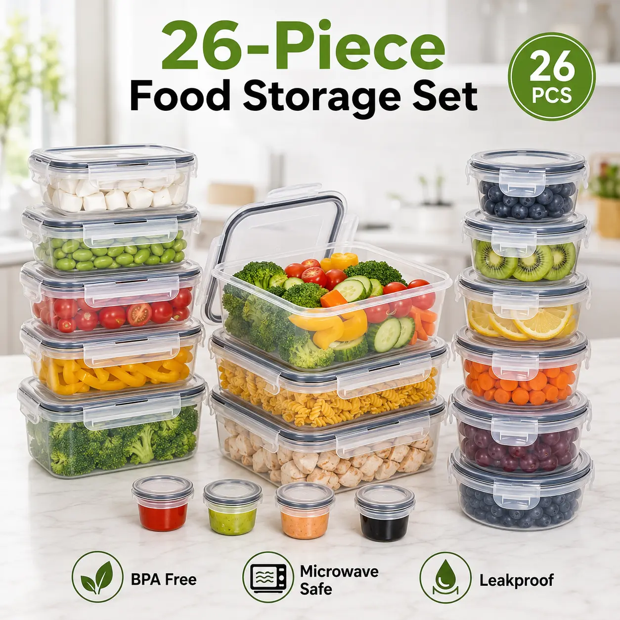 26-Pack Food Storage Containers with Lids - BPA Free, Microwave & Dishwasher Safe, Leakproof Meal Prep Boxes for Kitchen & Fridge Organizer