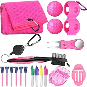 18 Pcs Pink Golf Accessories Kit Include Golf Ball Marker Balls Holder Club Groove Cleaner Brush Divot Repair Plastic Tees Towel with Clip Gift Set for Women