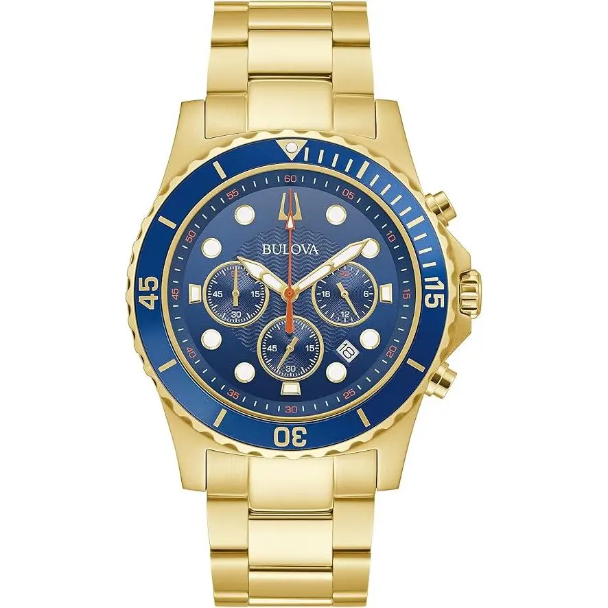 Bulova Marine Star Chronograph Quartz Men's Watch 98B377 - Stainless Steel, Unidirectional, Durable Wrist Watches for Male Wear with Marine Look, Sport Use