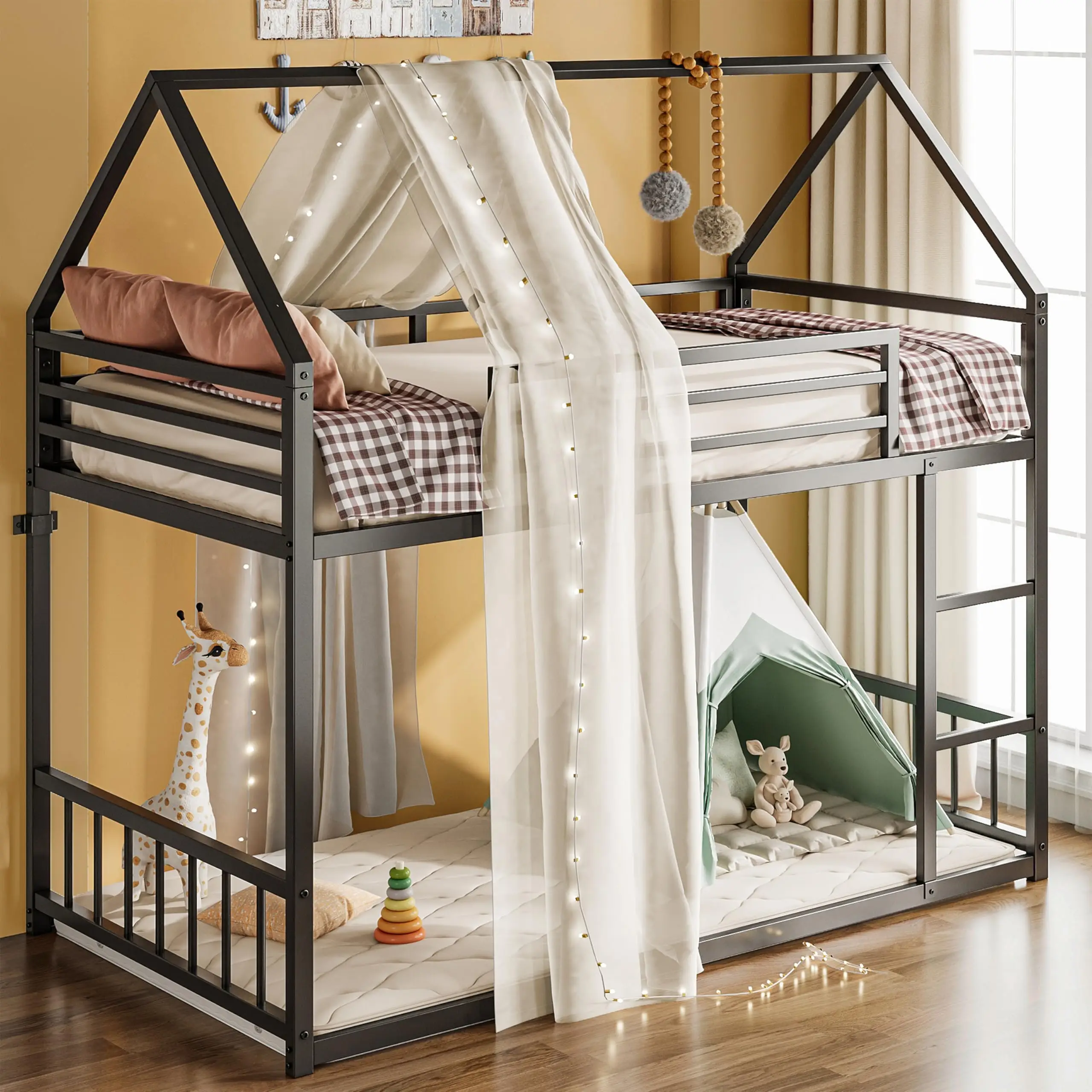 LIKIMIO Bunk Bed Twin Over Twin, House Bunk Bed Frame with Ladder and Guardrail, House Shaped with Metal Slats for Dormitory and Bedroom, Space Saving