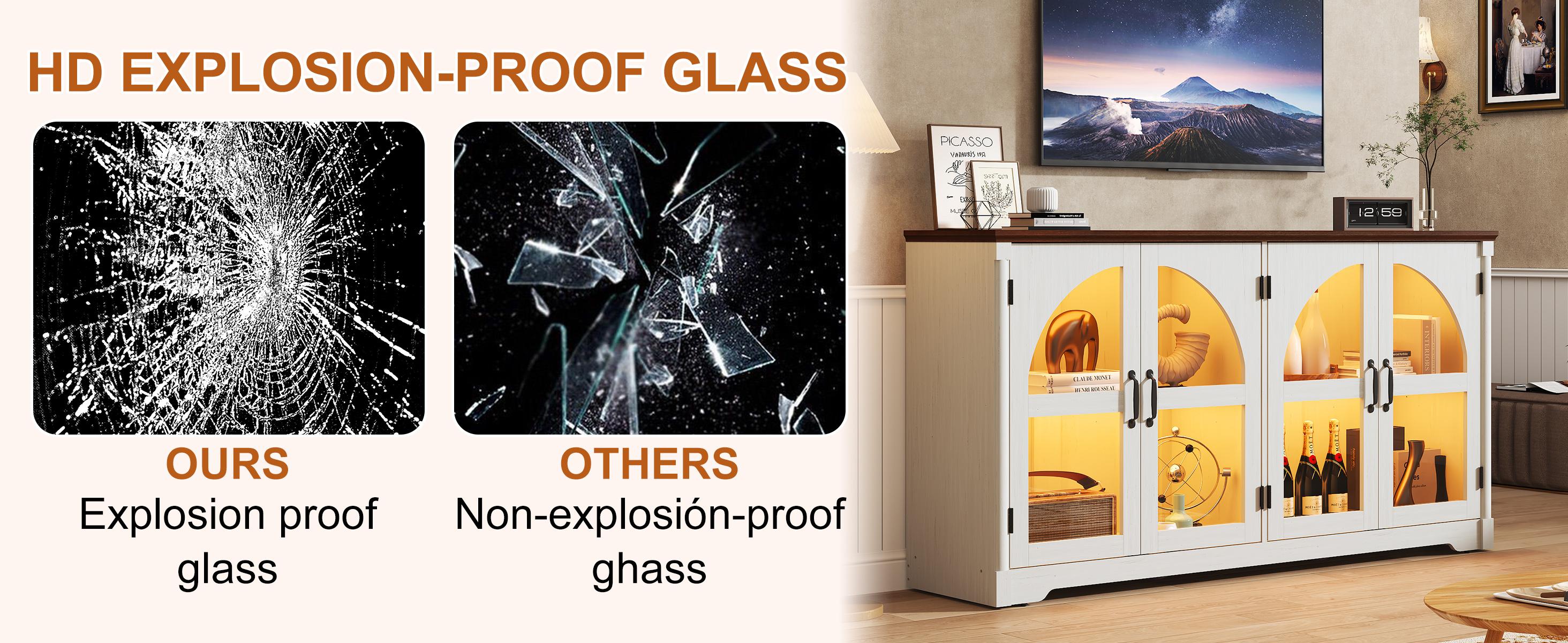 63" Modern Arched Sideboard Buffet Cabinet with LED Lights & Glass Doors, Large Storage Cabinet with Adjustable Shelves for Living Room & Kitchen