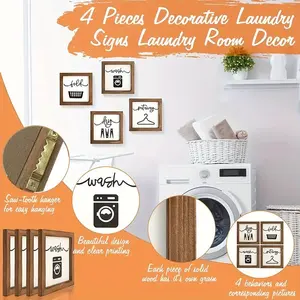 Vintage Weathered Wooden Laundry Signs Set of Four, Laundry Room Wall Decor and Guideline Plaques, Rustic Aesthetic for Home