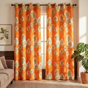 2 Pcs 52X84 inch Printed Full Light-Blocking Grommets Curtains. Large Leaf Pattern Window Drapes for Home Decor QF345 living room bathroom holiday cortinas inganchos luxury uv protection