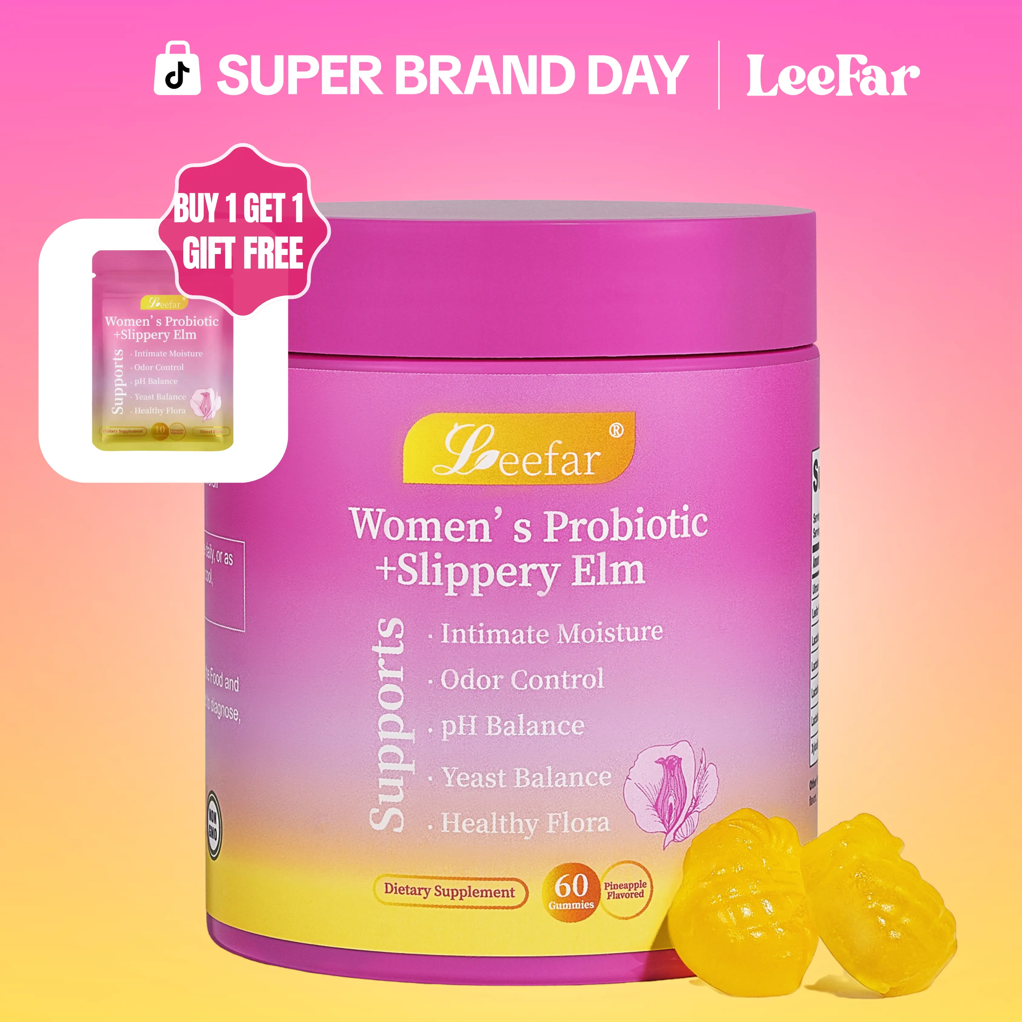 LEEFAR Her Juicy Feminine Probiotics Gummies- All in One Solution with Slippery Elm and Prebiotics&Lactobacillus Probiotic Blend for Women’s pH Balance and Dryness - Hawaiian Pineapple Gummies 60 Count probiotics women