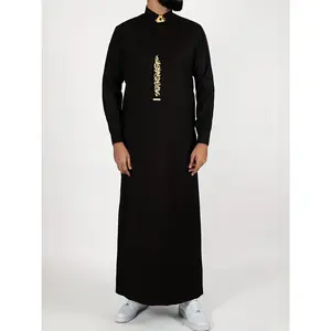 Men's Black Long Sleeve Arabian Kaftan with Golden Floral Pattern - Casual Middle Eastern Traditional Cultural Attire, Polyester Blend, Loose Fit, Perfect for Eid al-Fitr and Gul Festivals, Gift for Eld, Gift for Ramadan