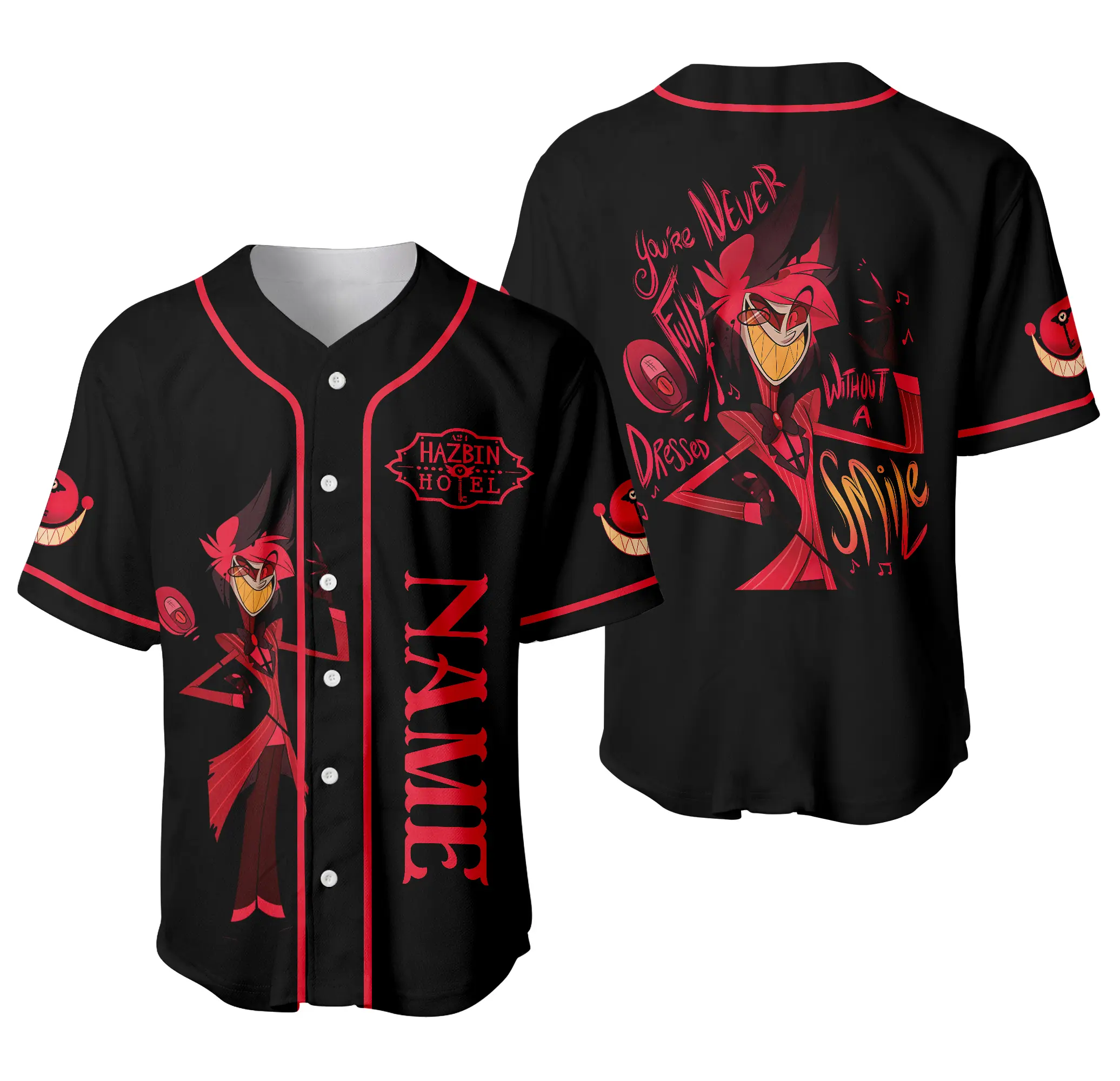 Hazbin Custom Hotel Baseball Jersey, Hazbin Hotel Alastor Jersey, Angel Dust Jersey, Charlie Hazbin Hotel Jersey, Cherri Bomb Jersey
