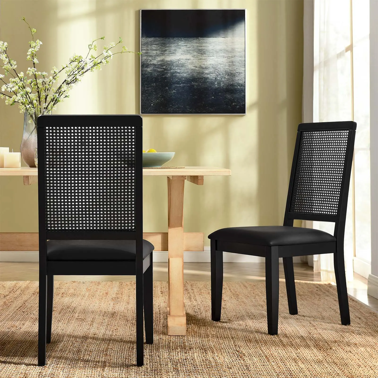 Modway Arlo Vegan Leather Upholstered Faux Rattan and Wood Dining Side Accent Chairs - Set of 2, Black, Farmhouse Look, Rattan Weave, Requires Assembly, PU Leather Indoor Furniture