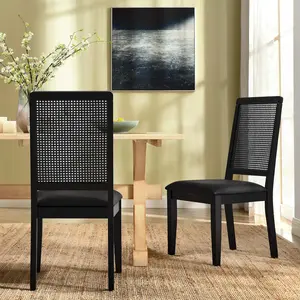 Modway Arlo Vegan Leather Upholstered Faux Rattan and Wood Dining Side Chairs - Set of 2 in Black Black