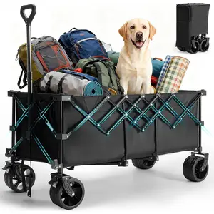 48" Extended Folding Wagon Cart, 250L Heavy Duty Collapsible Utility Wagon with 440lbs Capacity, All-Terrain Wheels with 360° Steering & Brakes, One-Second Fold Portable Cart for Beach Camping Garden - Black