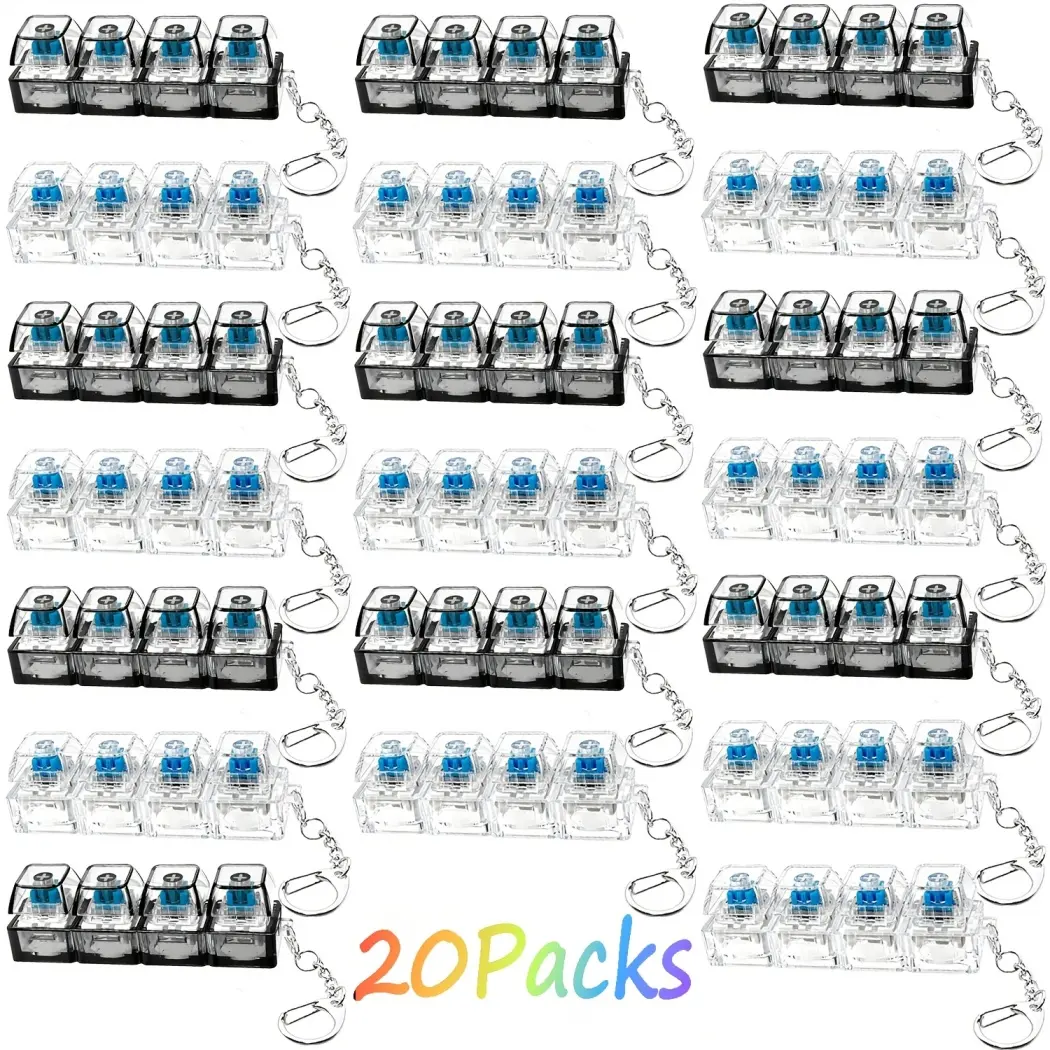 20PCS 4-in-1 Keyboard Fidget Keychain Toys, Transparent & Black Decompression Finger Clicker Buttons, Unisex Stress Relief Gifts for Ages 8+
