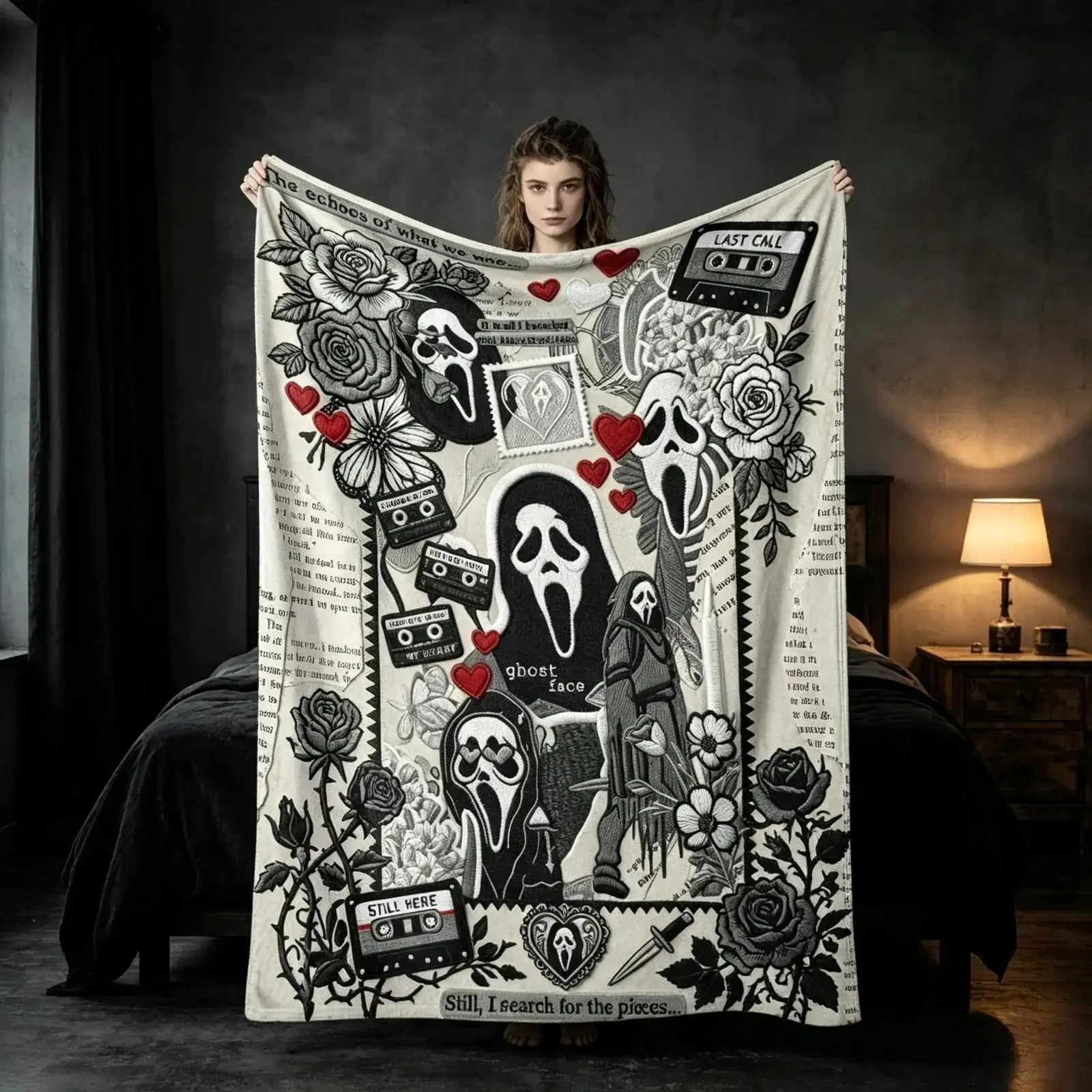 Vintage Ghost Face Horror Tattoo Flannel Throw Blanket, Black White Rose Cassette Tape Print Super Soft Lightweight Cozy Blanket, Gothic Dark Aesthetic Decor for Bedroom Couch, Spooky Halloween Gift for Horror Movie Fans